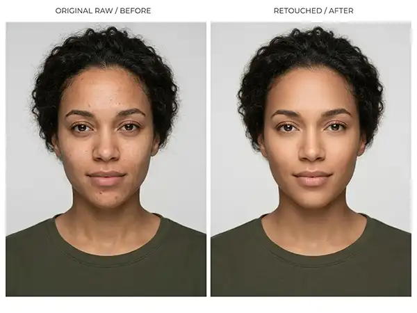 Portfolio 43 Before and after portrait retouching showing smoother skin, brighter eyes, and natural facial enhancements.