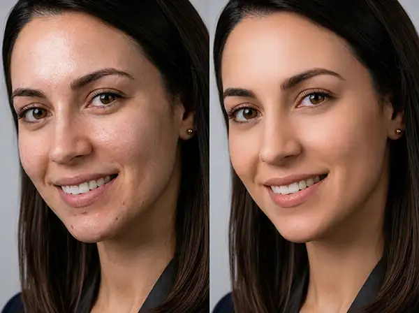 Portrait Photo Retouching: Complete Guide for Natural Results 3 Close-up before and after portrait retouching with smoother skin, reduced blemishes, and a natural complexion.