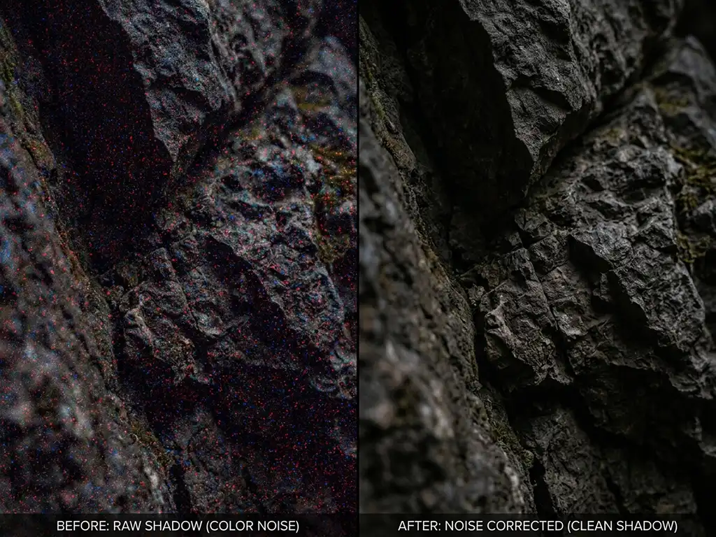 Noise Reduction 5 Before and after showing color noise (chroma) removed from shadow areas of a photo