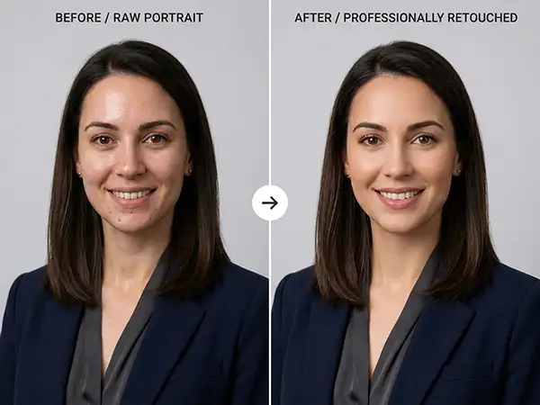 Before and after portrait retouching showing smoother skin, brighter eyes, and natural facial enhancements.