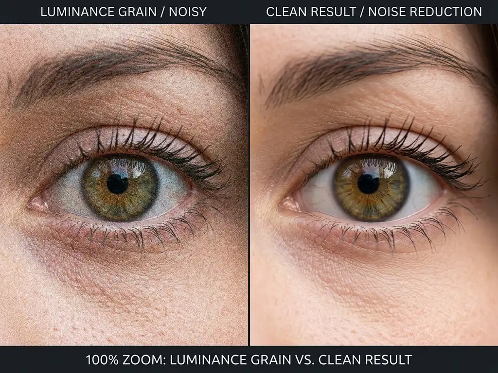 Noise Reduction 2 Close-up comparison of luminance noise and a noise-corrected image at 100% pixel view