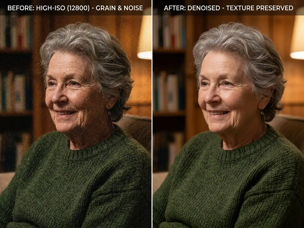Noise Reduction 1 Before and after comparison showing digital grain removed from a high-ISO photo by Clarity Edit's noise reduction service