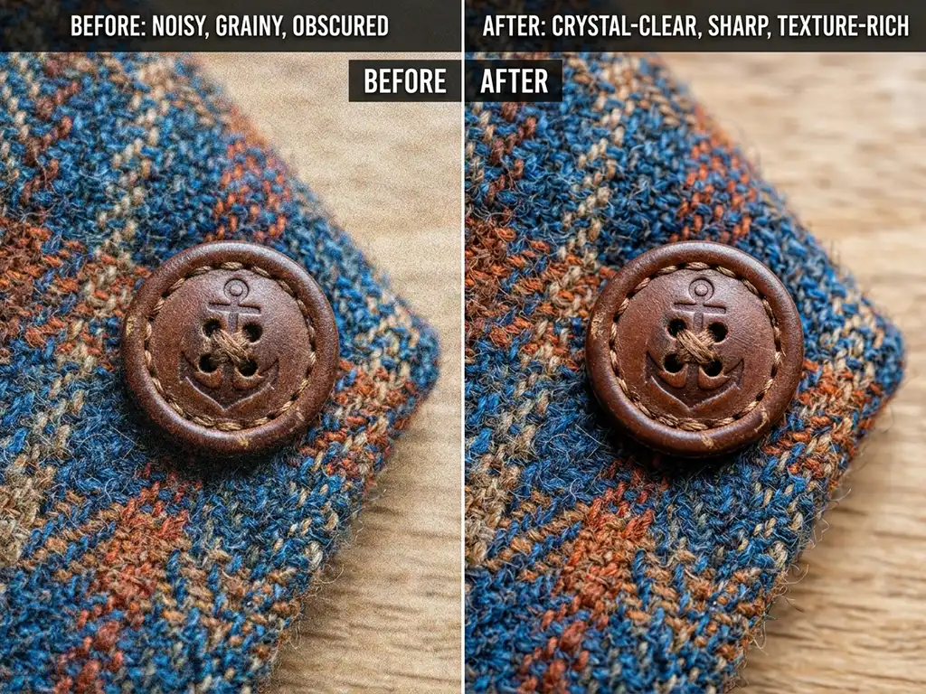 Noise Reduction 9 Before and after comparison of professional noise reduction showing preserved fabric texture and zero plastic look.