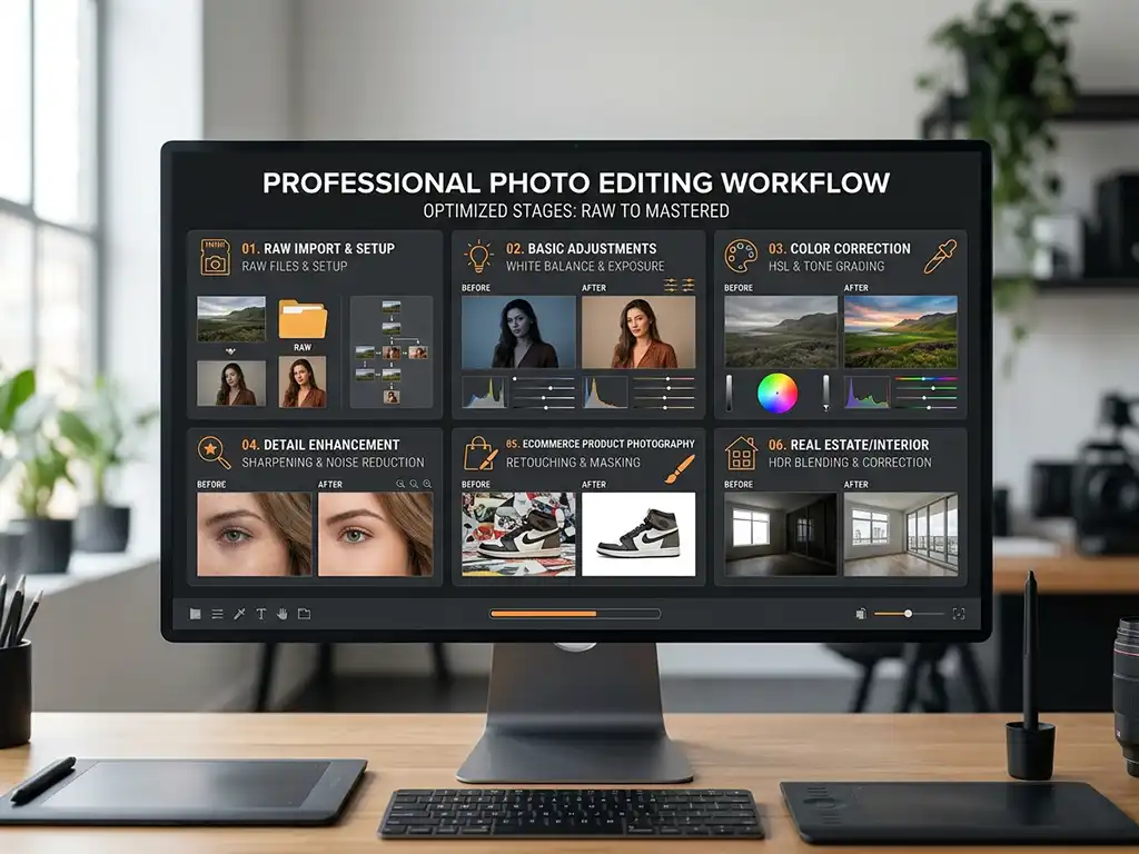 Noise Reduction 10 A grid layout representing related photo editing services including color correction, white balance, exposure adjustment, and ecommerce editing.